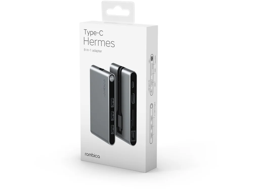 Хаб 8-в-1 Type-C Hermes, USB 3.0 x 3, Type-C PD, HDMI, LAN, картридер